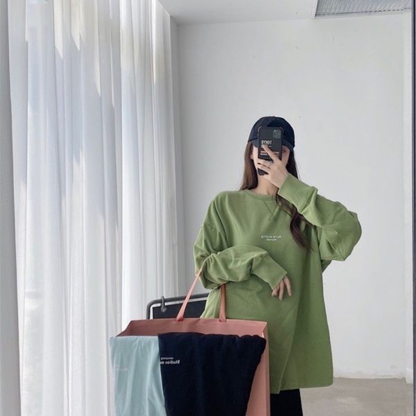 

ac nordic style pullover temperament commuting men's and women's cotton leisure solid color letter round neck cotton women's, Black;green