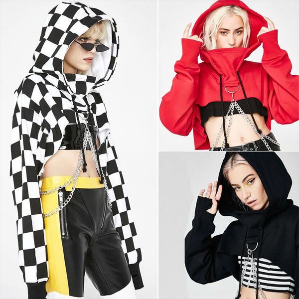 

2020 new arrival autumn fashion crop hoodies gothic punk short hooded long sleeve plaid pullover jumper streetwear, Black