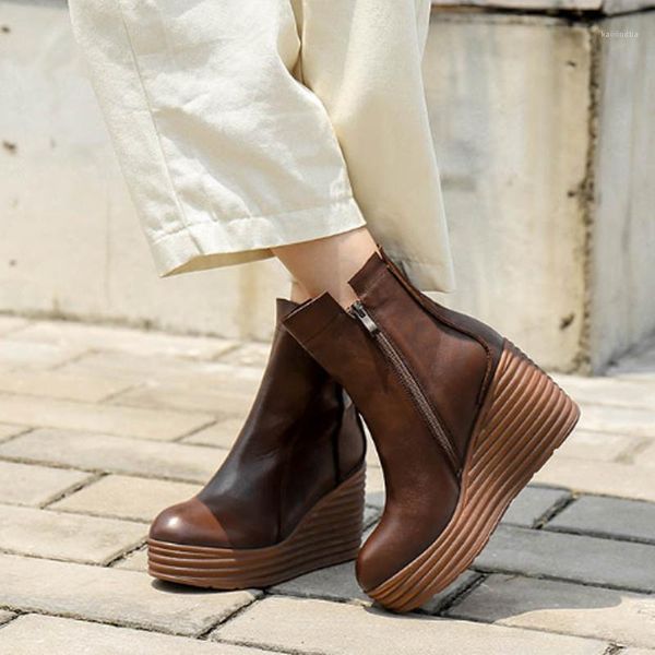 

boots 2021 women winter zip genuine leather shoes round toe wedges botas mujer handmade concise ankle platform boots1, Black