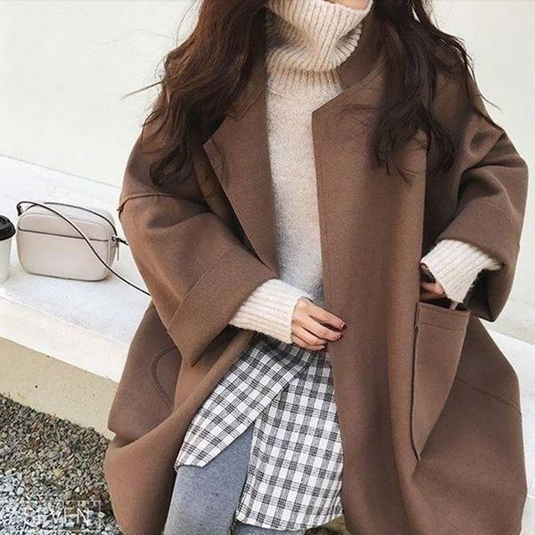 

korean version overcoat loose autumn winter thick keep warm lapel long sleeve pocket knee-length woolen cloth oat, Black