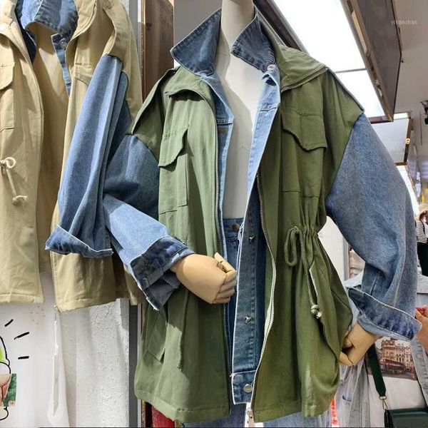 

ewq] 2020 spring summer new denim stitching double-layer collar tie fake two windbreaker fashion all-match women jacket qf5011, Black;brown