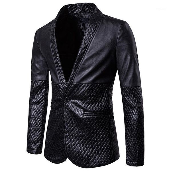 

mens lattice leather patchwork casual blazer | 2021 winter brand new male slim fit single button leather coat jacket fashion1, White;black