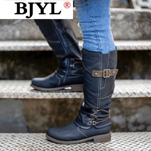 

2020 женщины колено высокие сапоги vintage pu кожа осень зима женщины обувь пряжки ремень длинные сапоги гладиатор езда теплая обувь, Black