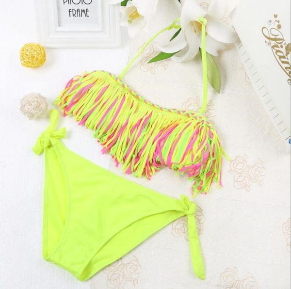 

2 pcs tri-color tassel split bikini swimsuit for girls sizexl, White;black