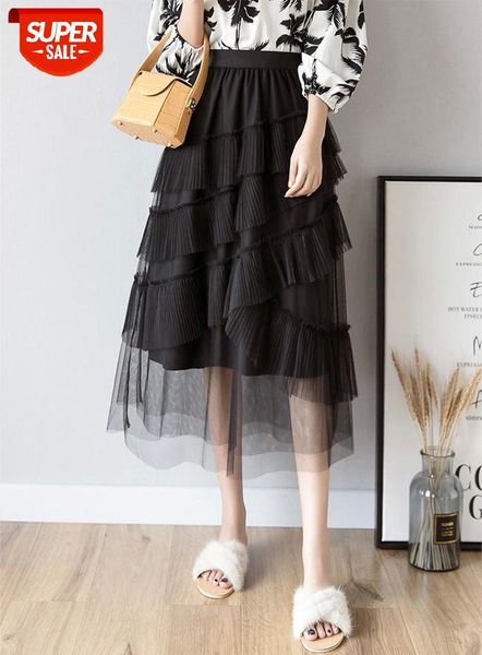 

ladies mesh skirt pleated half-dress women fashion high waist elastic sweet solid color casual lace 3-layered tulle midi skirt #sn18, White;black