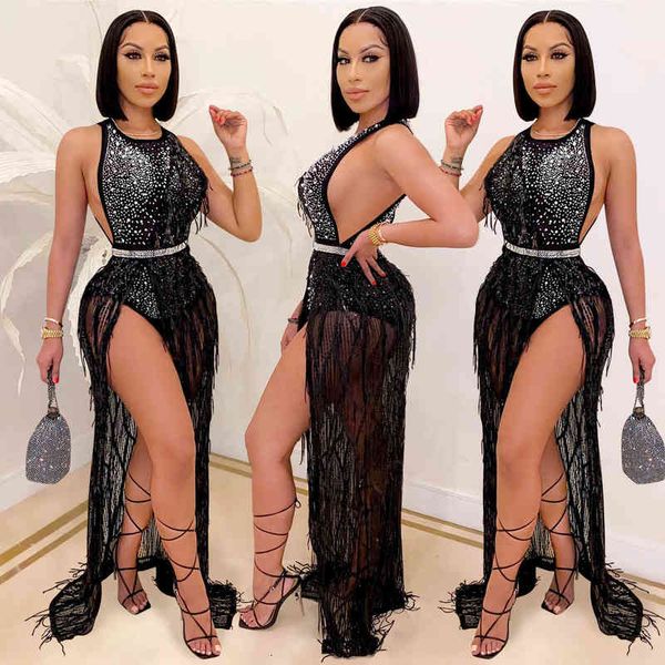 

casual dresses c3710 fashion nightclub drill bead mh tassel dresses two piece set for women, Black;gray