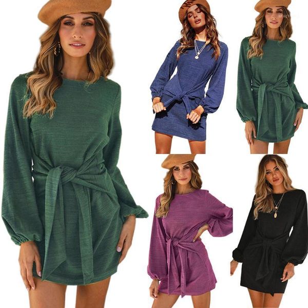 

2020 new elegant solid lace-up dress women autumn fashion work wear o-neck high waist mini dress lantern sleeve club1, Black;gray