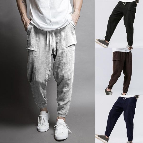

men's pants autumn mens hiphop cotton linen pant folds drawstring waist back pocket loose pencil casual harem hip hop male trousers1, Black