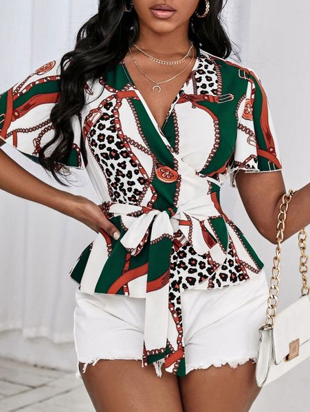 

sxy leopard & chain print belted wrap blouse u4gc#, White