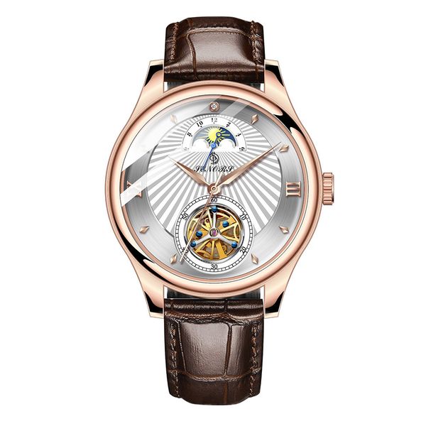 

sun moon star automatic mechanical tourbillon waterproof belt men's watch sn169, Slivery;brown