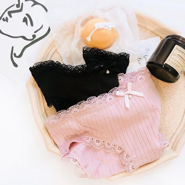 

женское нижнее белье нижнее белье сплошной цвет кружева лук чистый хлопок модные сексуальные женщины середины талии трусы белье, Black;pink