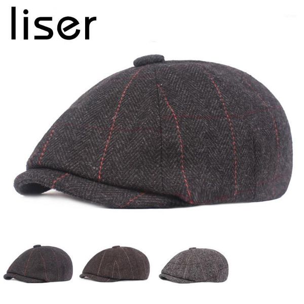 

liser man newsboy hat male caps felt material octagonal hats plaid soft warm all-match gentleman style outdoor1, Blue;gray