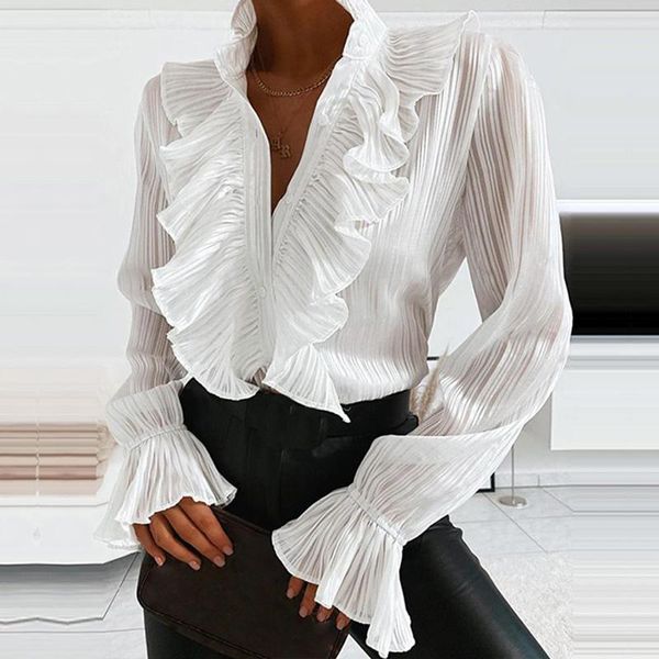 

women shirts ruffles elegant ladies long sleeve blouse solid color v neck flared sleeve shirt women work wear, White