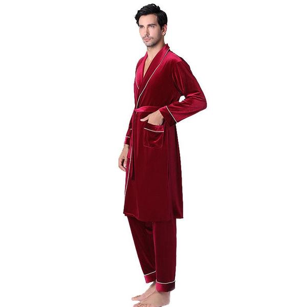 

men's sleepwear 2 pcs men nightgown velvet bathrobe solid cardigan belt trousers robe sets comfortable warm homewear winter nightwear, Black;brown