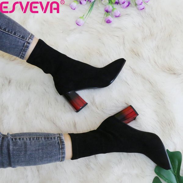 

esveva 2021 pointed toe high heels woman autumn winter fashion ankle boots elastic flock slip on women shoes size 34-43 c1023, Black