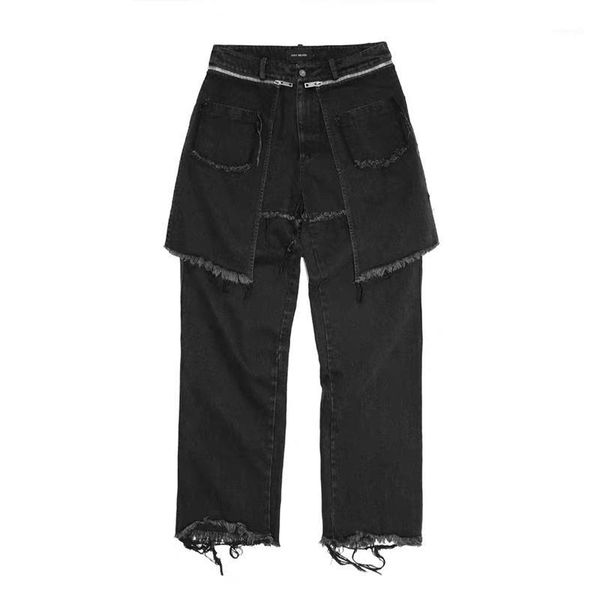 

high street detachable skirt washed frayed jeans loose straight wide leg denim trousers oversize harajuku pants men and women1, Blue