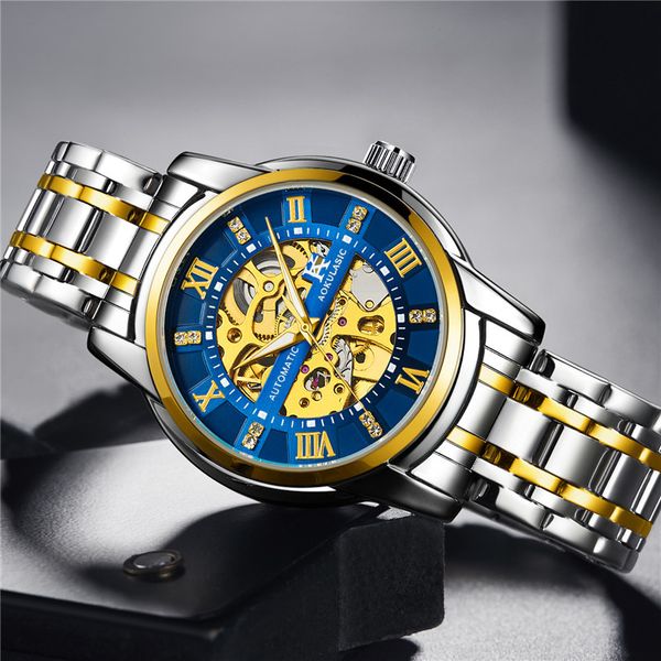 

aokulasic automatic army waterproof wristwatch military mechanical sport clock skeleton men luxury male watch man brand 022 jtxvm, Slivery;brown