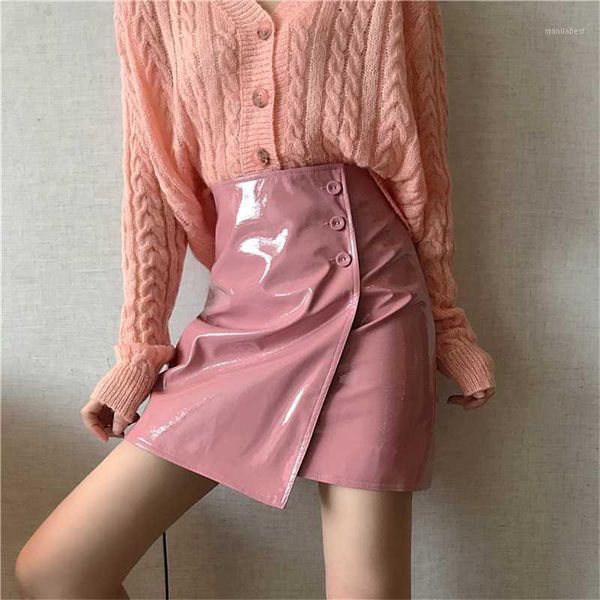 

herstory 2020 spring women short skirt pu leather mini skirt ladies casual a-line button high waist women clothing1, Black