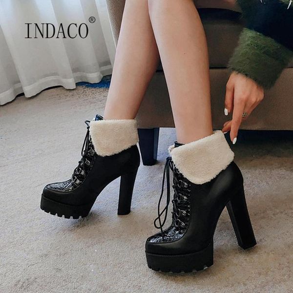 

women winter boots super high heels thick booties 12cm platform ankle boots for woman warm shoes high heel, Black