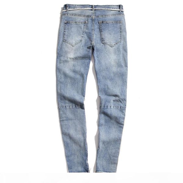 

reppunk 2018 new knee hole side zipper slim distressed jeans men ripped personality streetwear hiphop male stripe denim pants, Blue