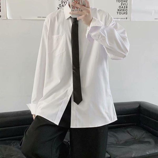 

white long-sleeved tie shirt male black loose shirt trend korean version of the college style graduation class, White;black