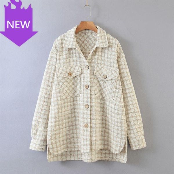

sand color plaid pocket buttoned lady temperament shirt jacket 2020 autumn new ladies coat lapel long-sleeved, White