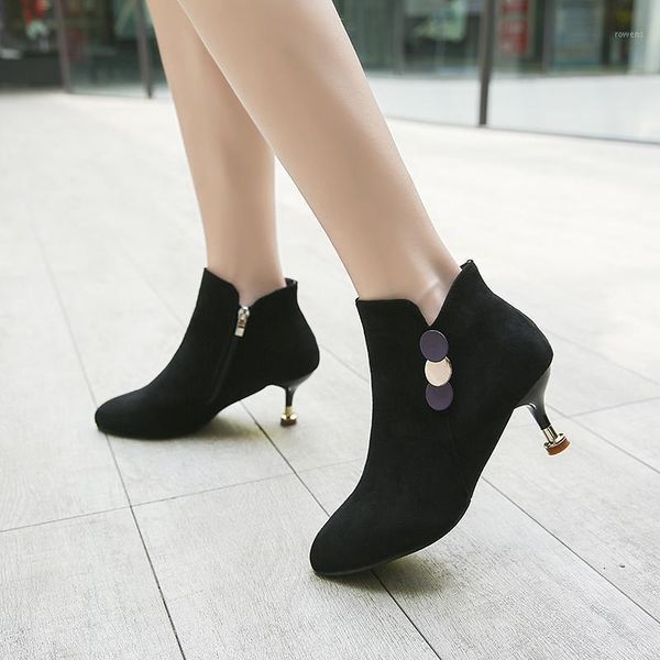 

ladies shoes woman ankle boots for women shoes metal flock winter boots pointed toe thin high heels zipper plus size1, Black