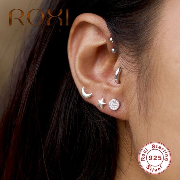 

roxi ins moon star asymmetric glossy piercing stud for women pendientes 925 sterling silver earrings oorbellen jewelry q1219, Golden;silver
