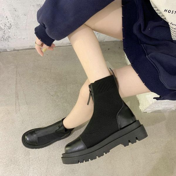 

elastic short boots autumn new high-front zipper korean version of wild knitted fashion retro women's boots fd-63, Black