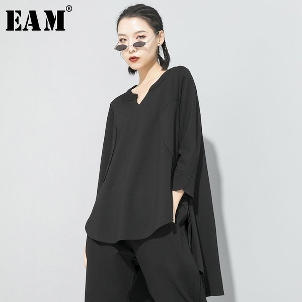 

[eam] women black brief back long temperament long t-shirt new v-neck long sleeve fashion tide spring autumn 1s188 201028, White