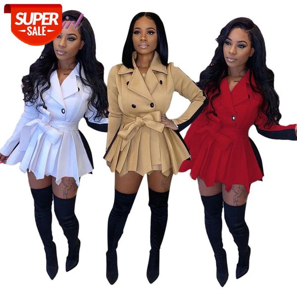 

winter coat casual solid patchwork with belt turn down collar coat women pleated hem ruffle outfit thick jaket trench dress #sg8b, Black;brown