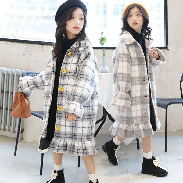 

сыпучие девочки-подростки плед шерсть бленды vintage куртки пальто проверить flare рукавом корейский дети шинель 2020 зима дети верхняя одеж, Blue;gray