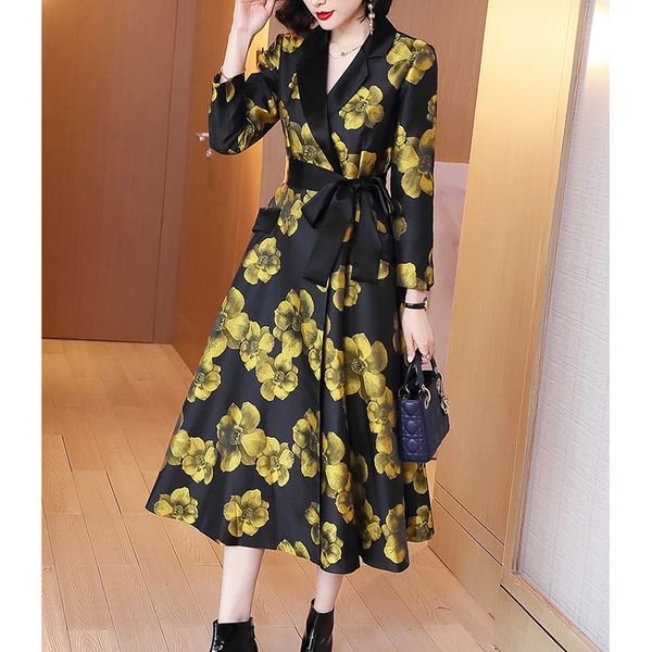 

floral 2021 new fashion print cardigan elegant office belt female coat soft long ladies trench xvkm, Tan;black