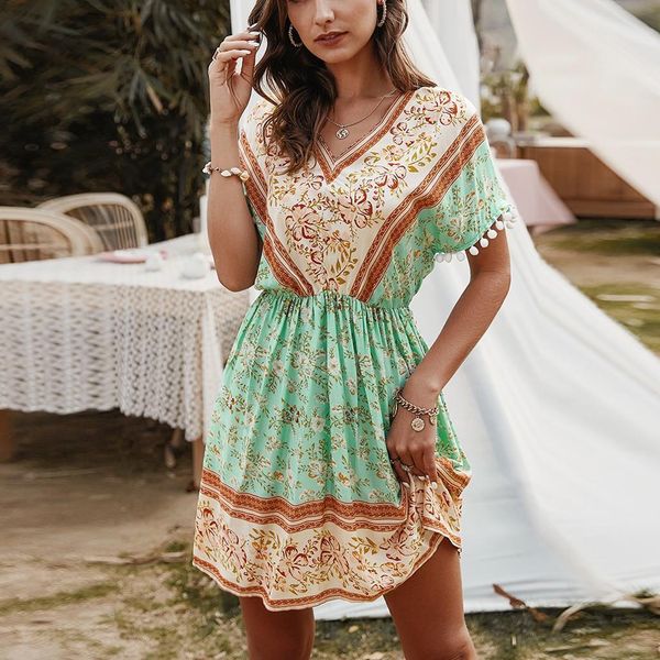 

women v-neck floral dress short sleeve beach dresses print slim mini dress beach bohemian dress vestidos de verano #j4s, Black;gray