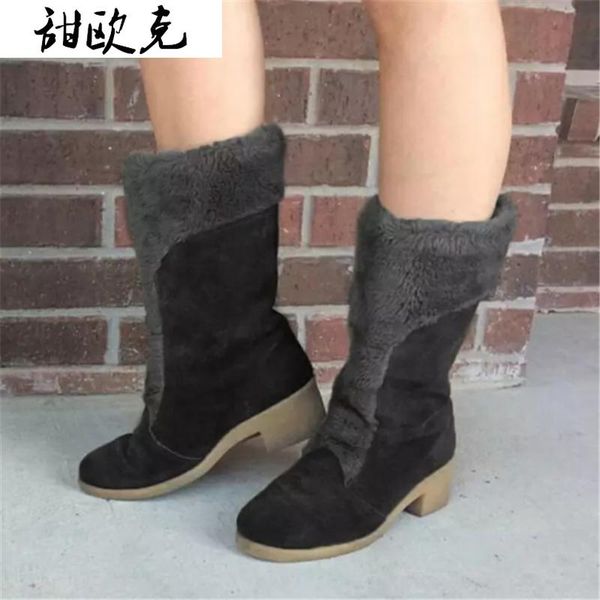 

2020 new winter women boots fashion keep-warm pull-on women's cotton shoes vintage turned-over edge mid-calf boots botas mujer, Black