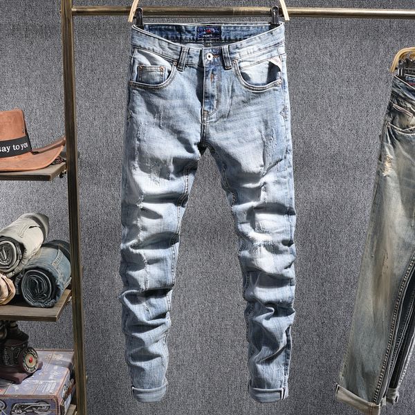 

2021 new autumn newly fashion men retro light blue patchwork ripped jeans slim fit elastic italian vintage designer long pants xqmn