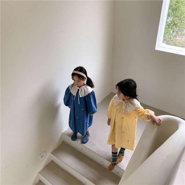 

girls' loose embroidered drs with foreign sle new wear in spring 2021 children's long yellow skirt, Red;yellow