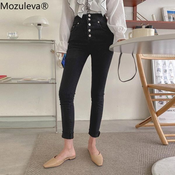 

mozuleva autumn vintage single-breasted women denim jean 2021 high waist stretch pants capris female streetwear black jeans pant1, Blue