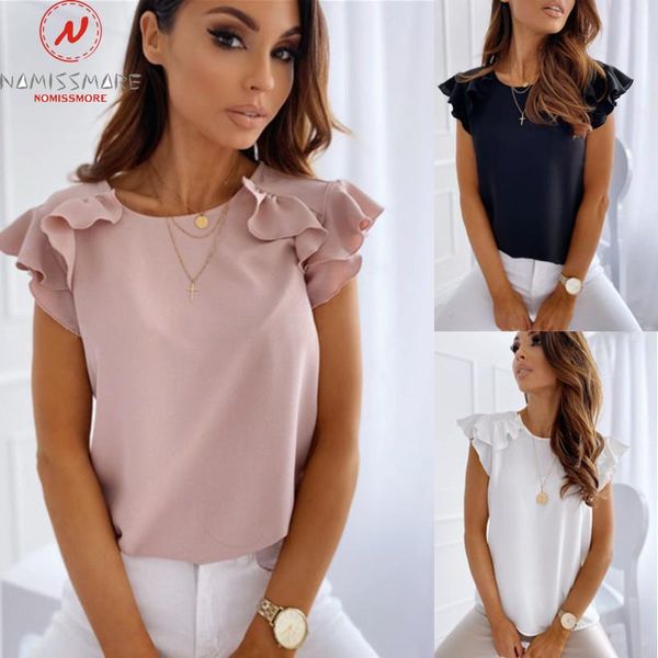 

women's t-shirt elegant women summer solid color pullovers t-shirts patchwork design ruffles decor o-neck short sleeve slim top, White