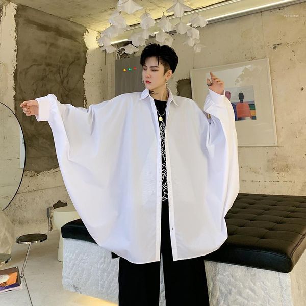 

men oversize bat long sleeve loose casual shirt male streetwear hip hop gothic black white shirts cape cloak stage show costumes1, White;black