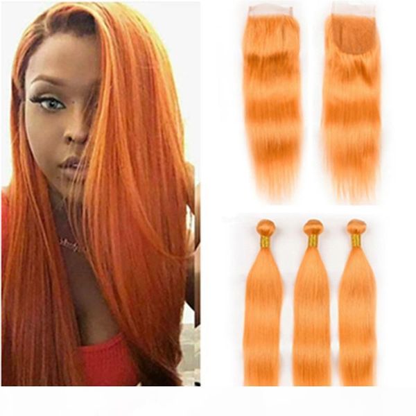 

orange color straight brazilian hair bundles with closure pure orange 3bundles hair weaves with closure orange lace closure 4x4 with weaves, Black