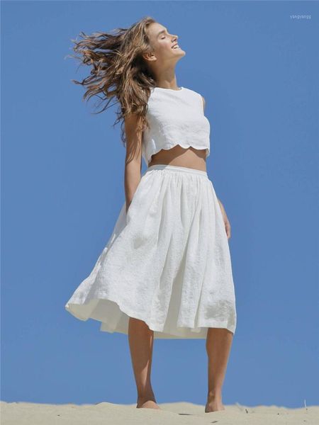

women's skirt knee length 2021 new spring summer plus size skirts white causal organic cloth flared midi skirt with pockets1, Black