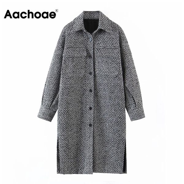 

aachoae vintage winter sleeve wool coat women turn down collar long shirt jacket side split pockets casual ladies outerwearx1020, Black