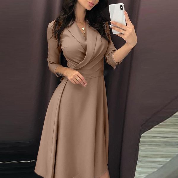

women's shirt dress solid color turn-down collar v-neck high waist long sleeve dresses ladies casual lace up dress #20, Black;gray
