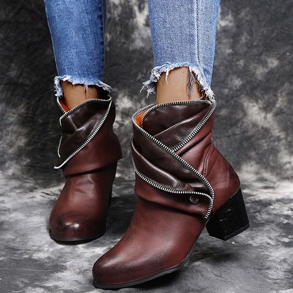 

women's dropshipping zip ankle boots women retro pu leather mid heels woman pumps ladies shoes new female footwear big size 43, Black