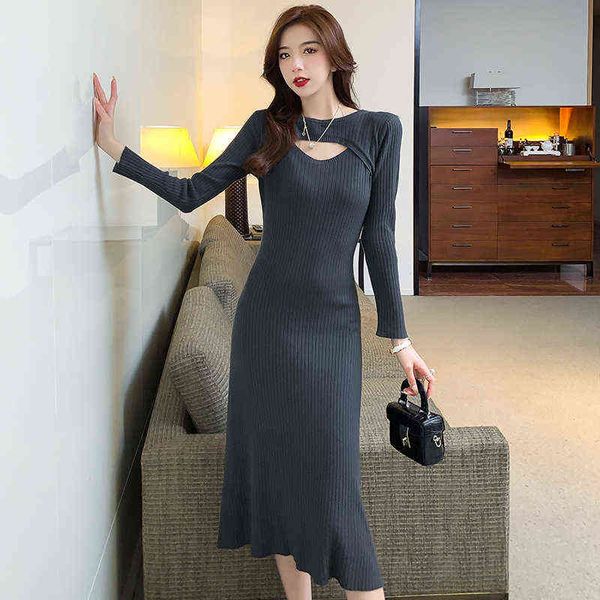 

woman casual dresses knitted dresses medium length slim temperament dign feeling empty autumn and winter 2022 style, Black;gray