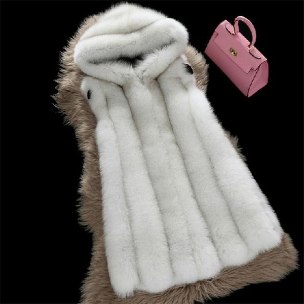 

artificial fur vest 2020 women's winter vest long jacket blouse fur coat ladies white coat imitation h2, Black