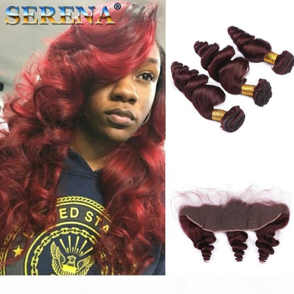 

8a wine red 99j brazilian hair bundles with 13x4 lace frontal closure loose wave burgundy human hair weaves with ear to ear lace frontal, Black;brown
