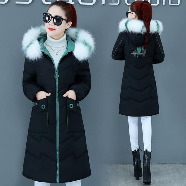 

women's padded jacket mid-length winter new style korean slim-fit faux fur collar padded jacket ladies, Black