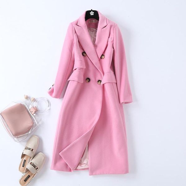 

office lady long coat for women turn-down collar wool coat and jacket double breasted solid women clothes 20201, Black